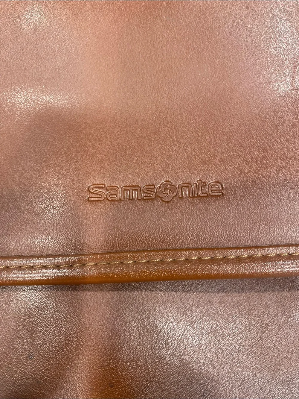 Samsonite Camel Brown Leather Laptop Briefcase, Buckle Flap & Shoulder Straps